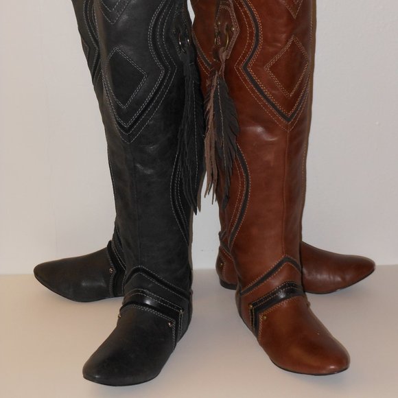 ZIGINY TAN AND BLACK LEATHER KNEE HIGH BOOT LOT SIZE 6.5 MEDIUM - Picture 10 of 16